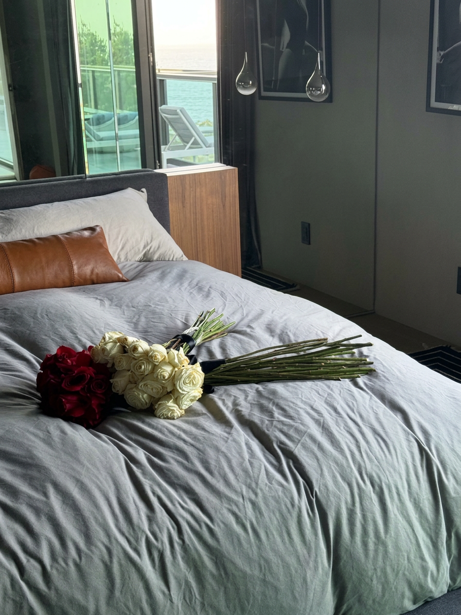 Luxury roses by window — cozy night in